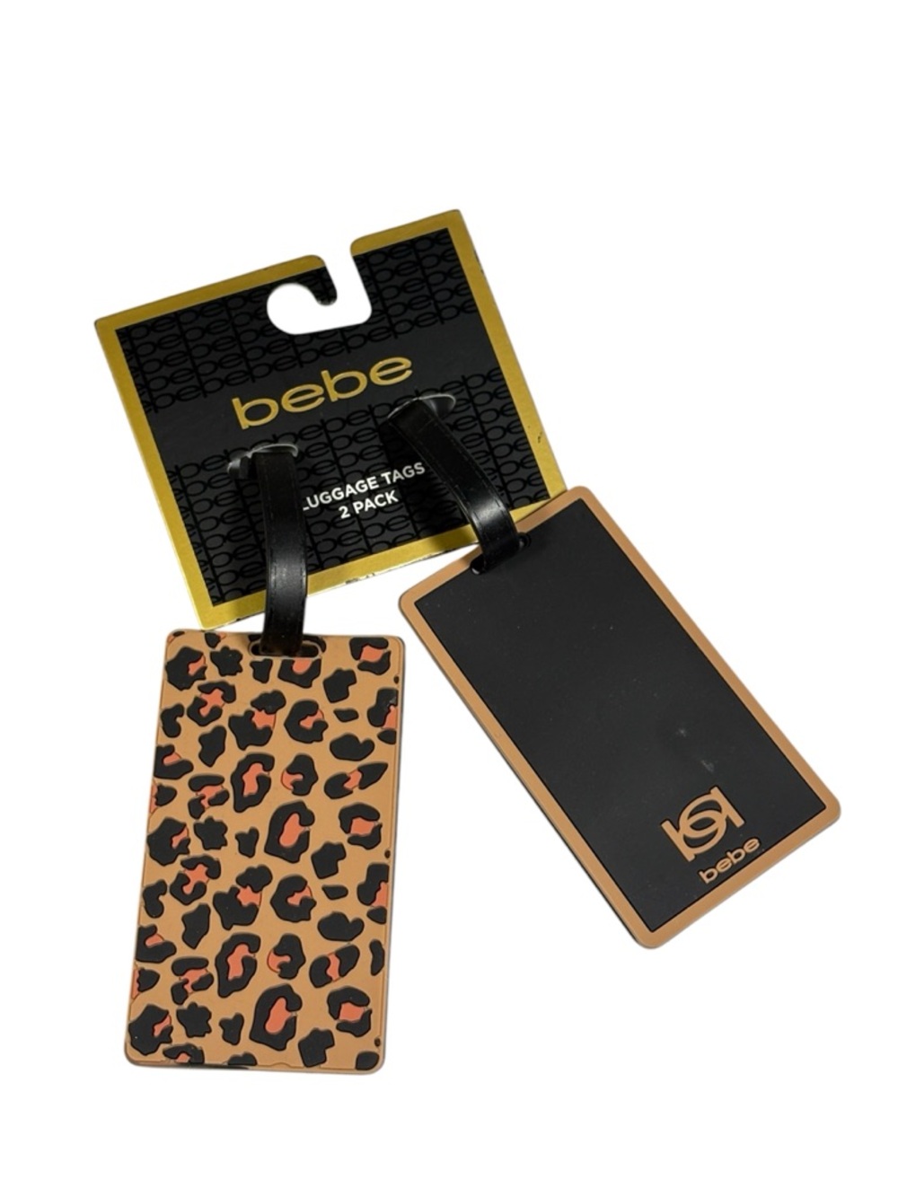 bebe 2-Piece Silicone Luggage Tag Set Leopard Print & Gold Logo NWT